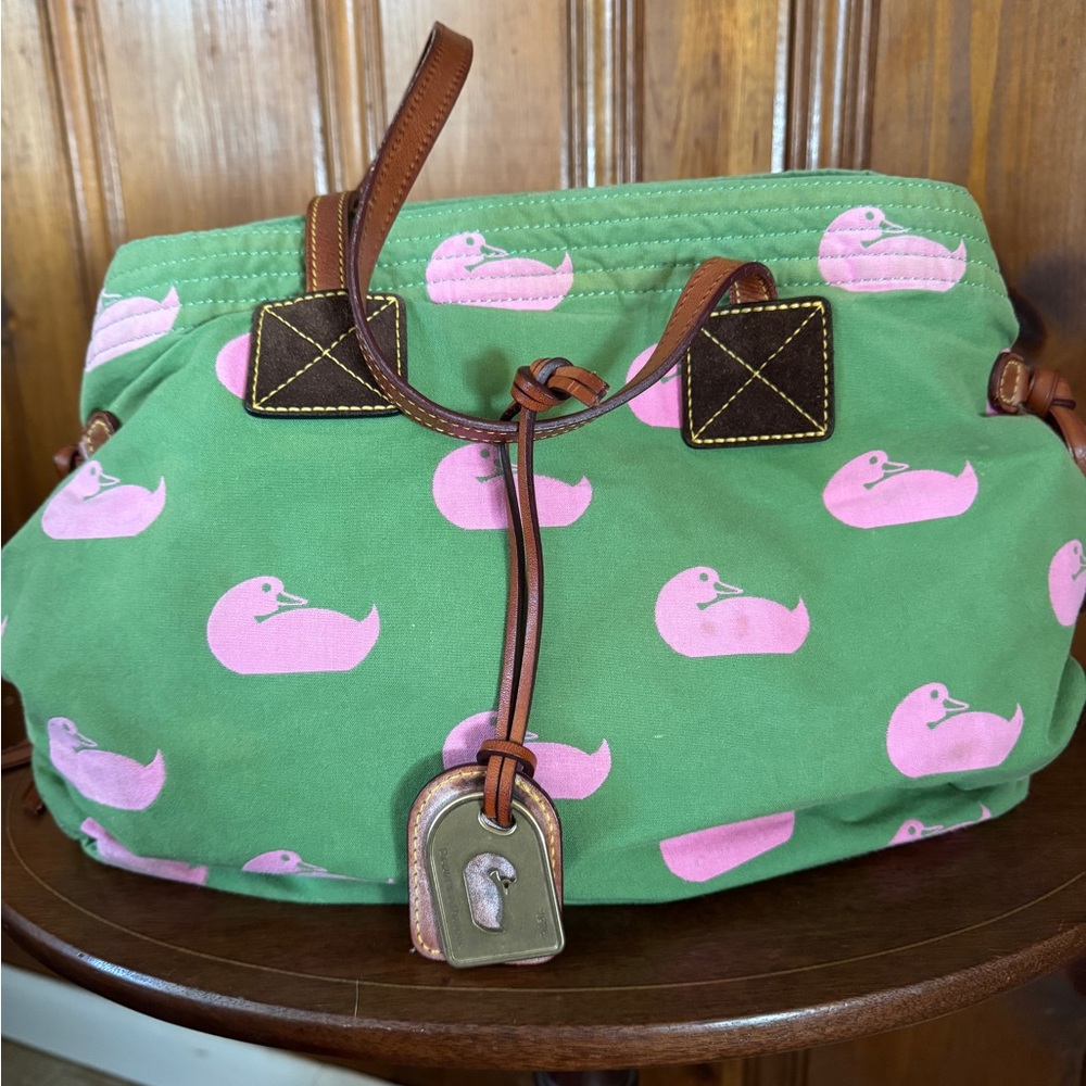 EUC Vintage Green Canvas Shoulder Bag with Pink Duck Print and Leather Trim